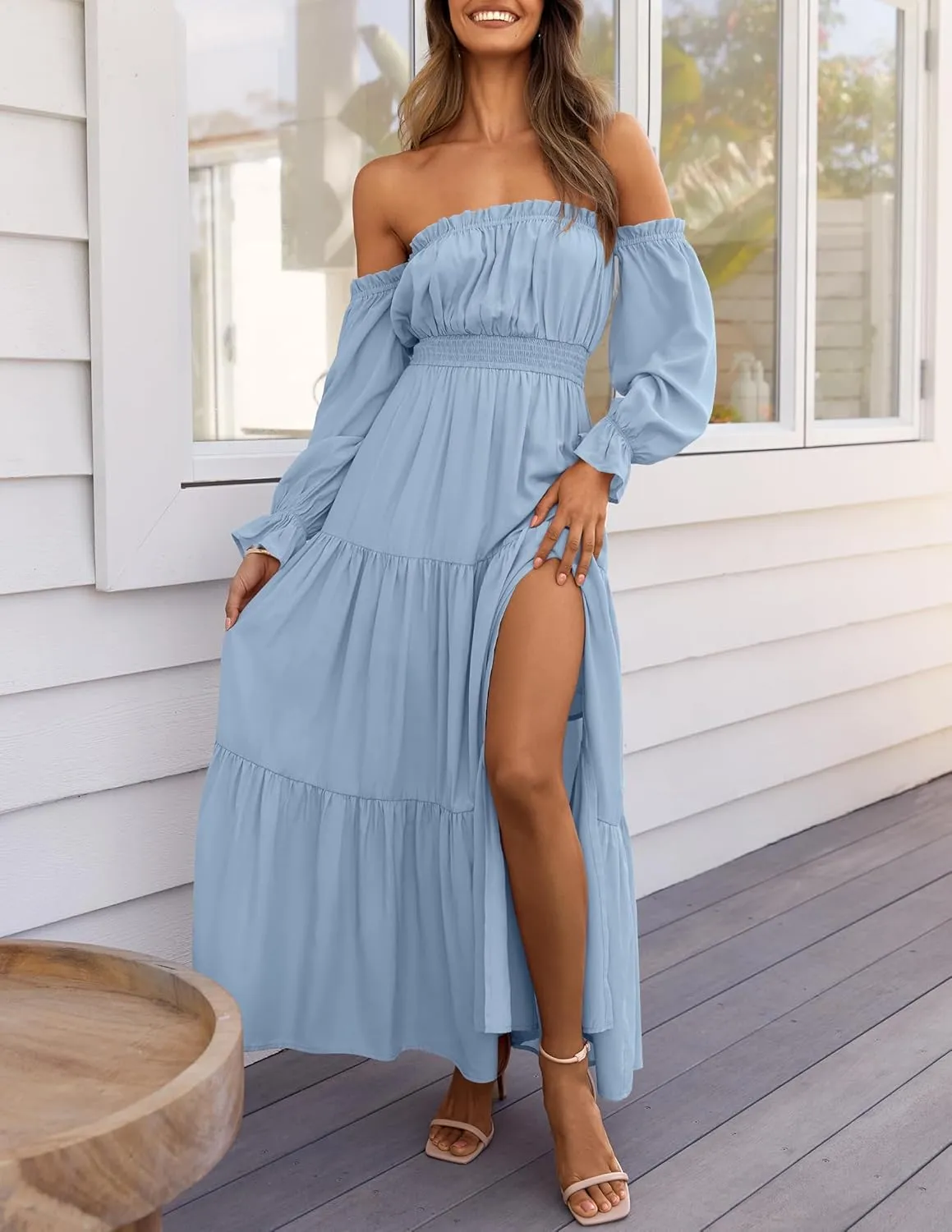 ZESICA Women's 2025 Boho Sexy Off Shoulder Long Sleeve Smocked High Waist Side Split Flowy A Line Tiered Long Maxi Dress