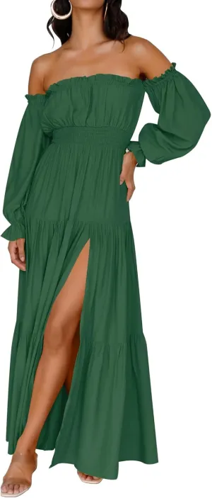 ZESICA Women's 2025 Boho Sexy Off Shoulder Long Sleeve Smocked High Waist Side Split Flowy A Line Tiered Long Maxi Dress