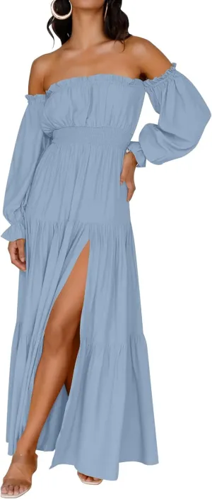 ZESICA Women's 2025 Boho Sexy Off Shoulder Long Sleeve Smocked High Waist Side Split Flowy A Line Tiered Long Maxi Dress