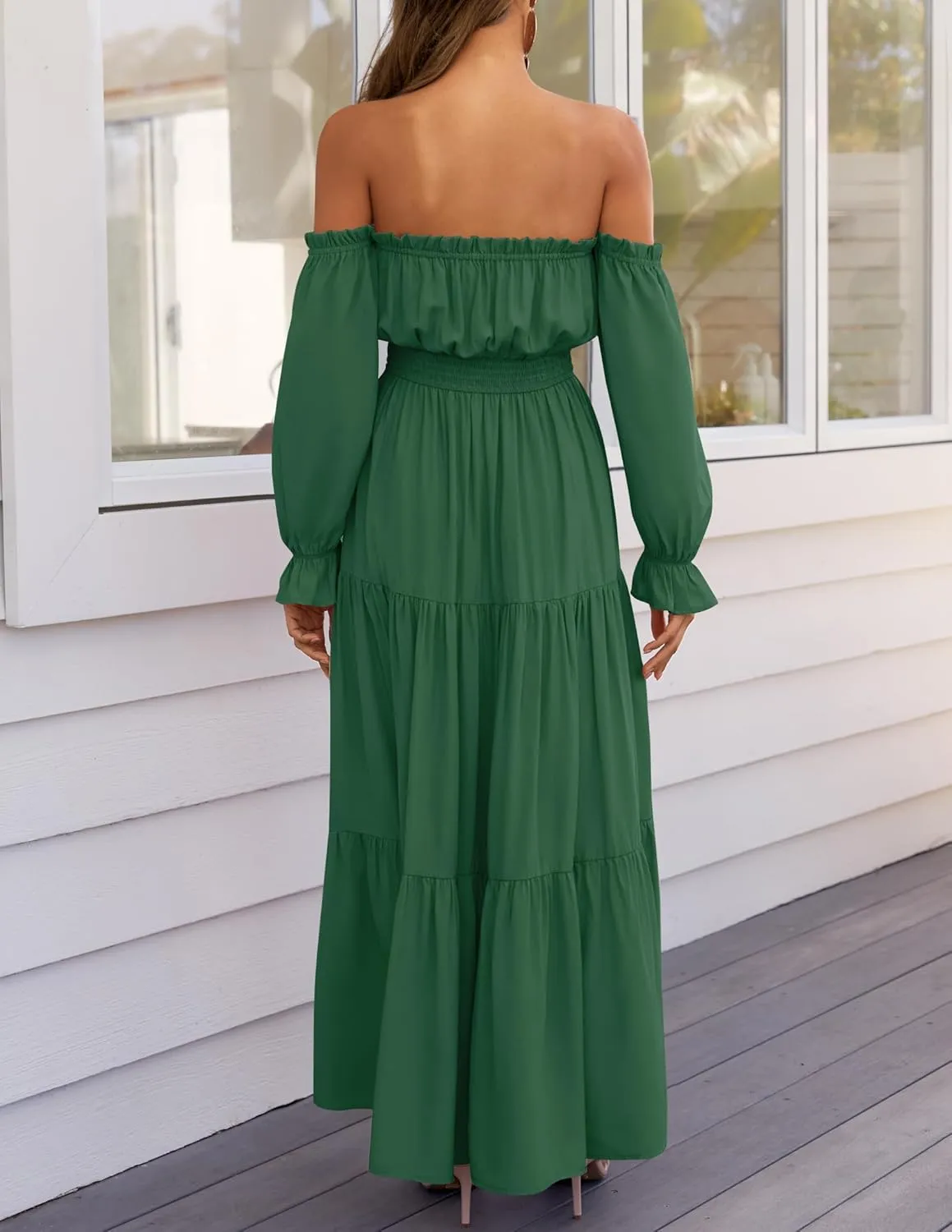 ZESICA Women's 2025 Boho Sexy Off Shoulder Long Sleeve Smocked High Waist Side Split Flowy A Line Tiered Long Maxi Dress