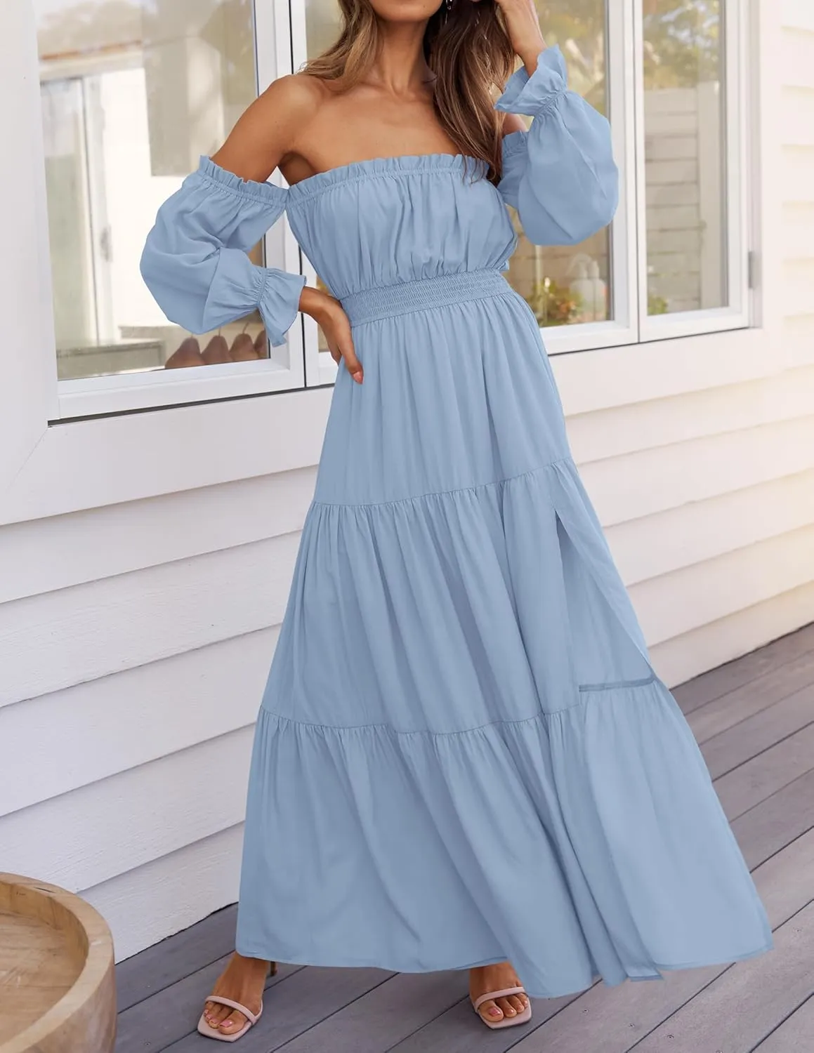 ZESICA Women's 2025 Boho Sexy Off Shoulder Long Sleeve Smocked High Waist Side Split Flowy A Line Tiered Long Maxi Dress