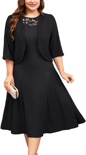 ZOMVA Plus Size Mother of The Bride Groom Dresses for Curvy Women 2 Piece Wedding Guest Dress with Jacket Tea Length