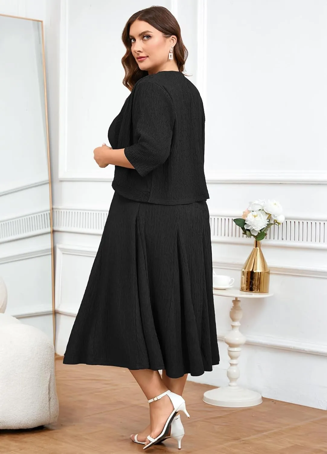 ZOMVA Plus Size Mother of The Bride Groom Dresses for Curvy Women 2 Piece Wedding Guest Dress with Jacket Tea Length
